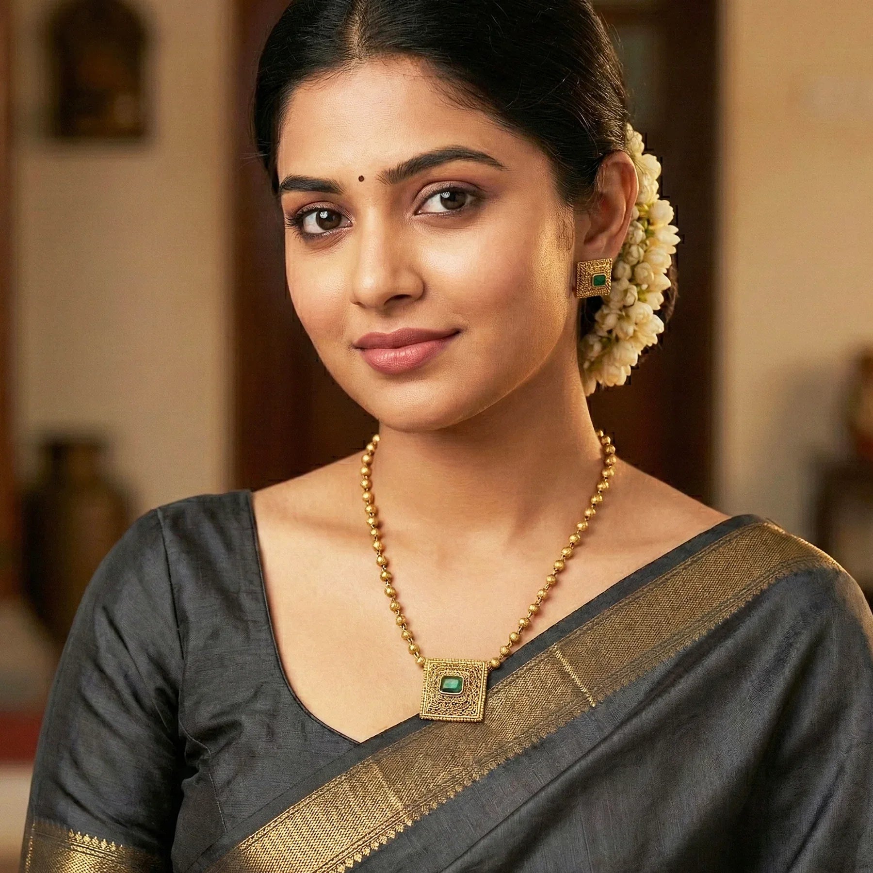 Antique Chettinad Lattice Pendant Necklace & Earring Set (Red/Green) - Zaarva