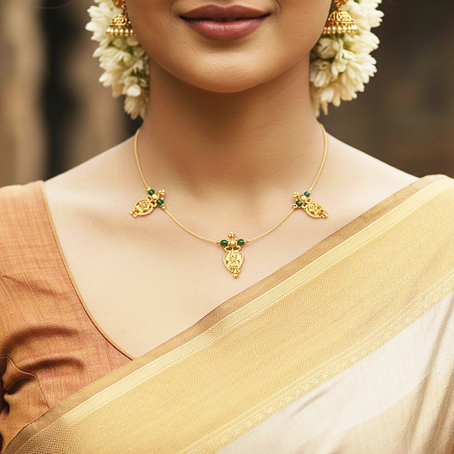 Woman wearing gold jewelry with a blurred background