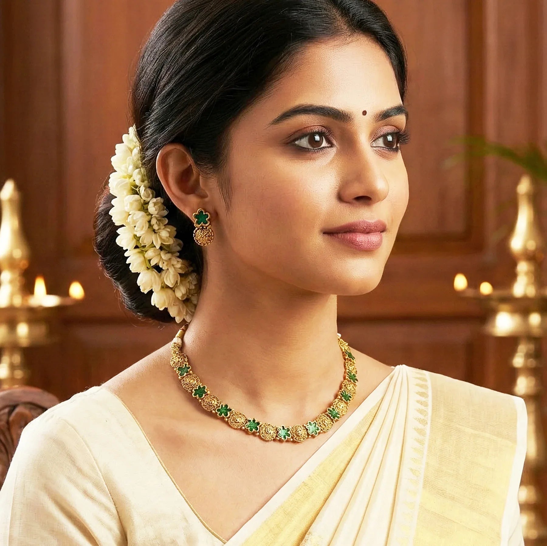 Woman wearing a yellow saree with gold jewelry in a warm-toned setting