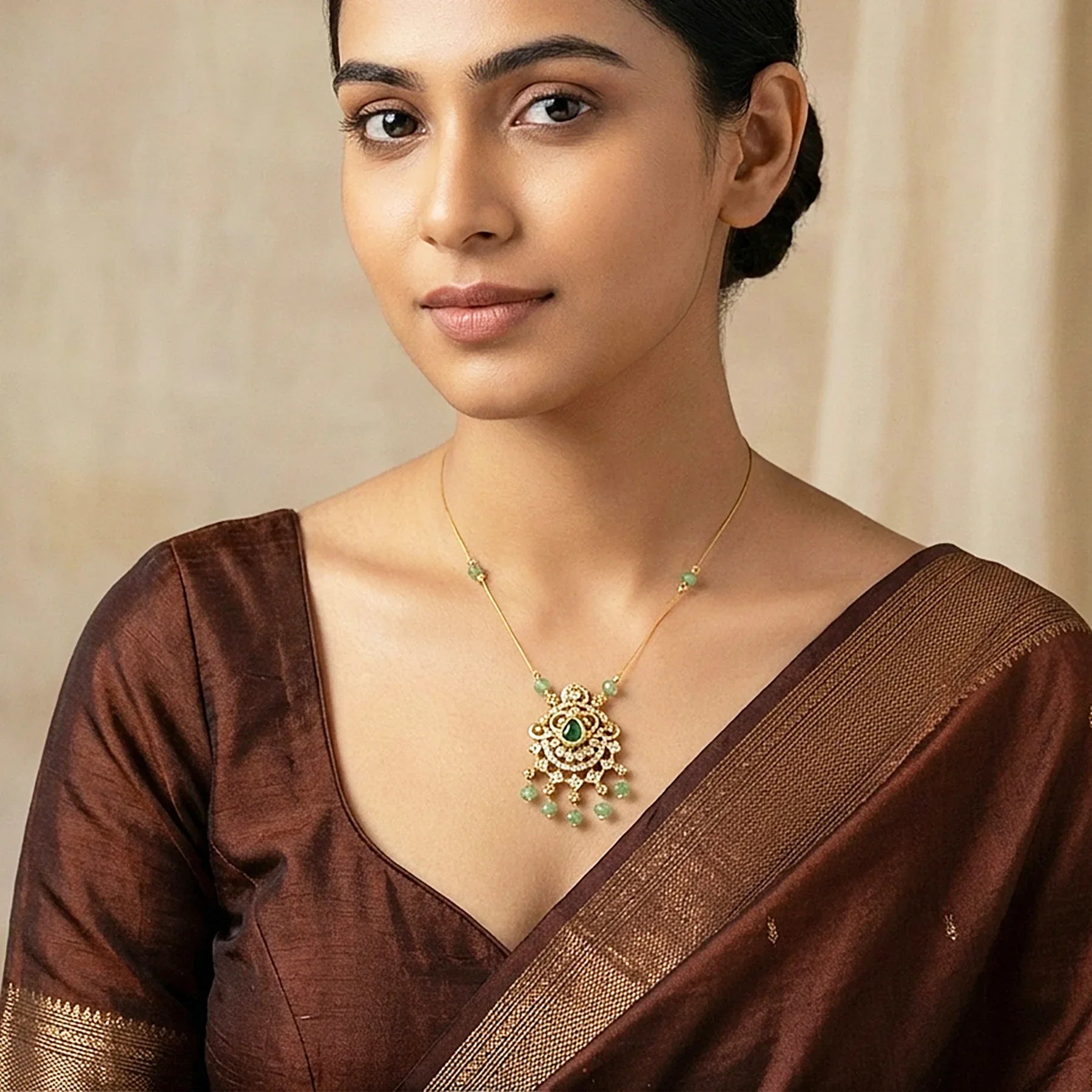 Woman wearing a brown saree with a decorative necklace against a beige background