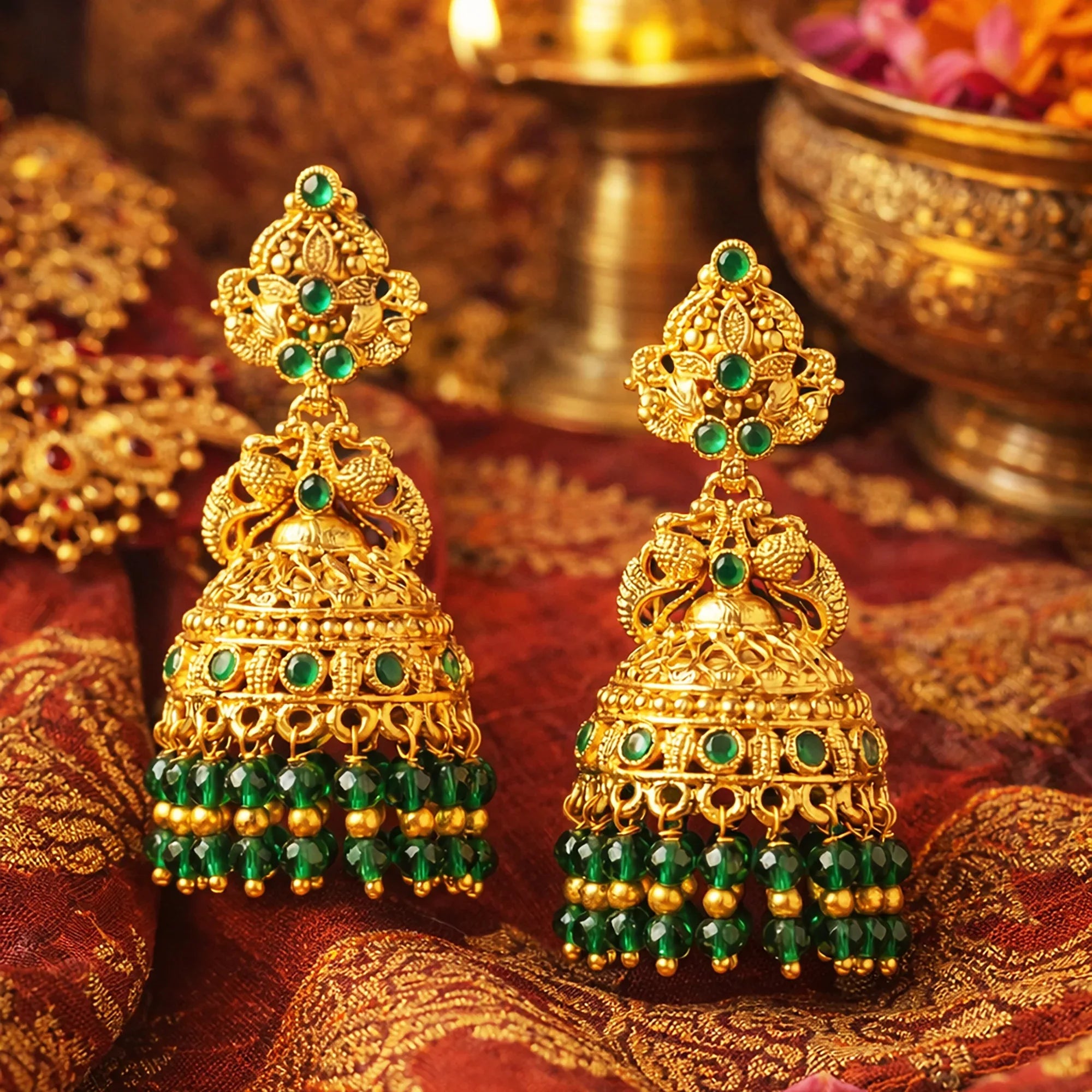 Gold and green earrings on a patterned fabric background