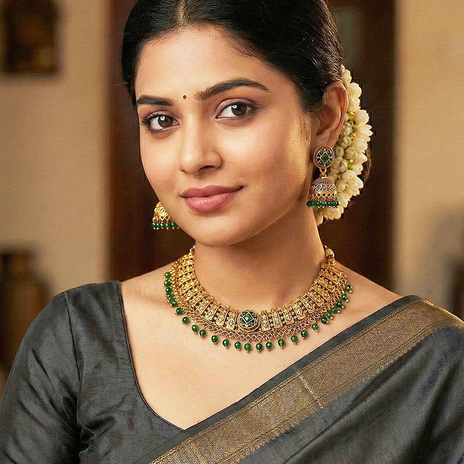 Woman wearing traditional jewelry including a necklace, earrings, and a saree.