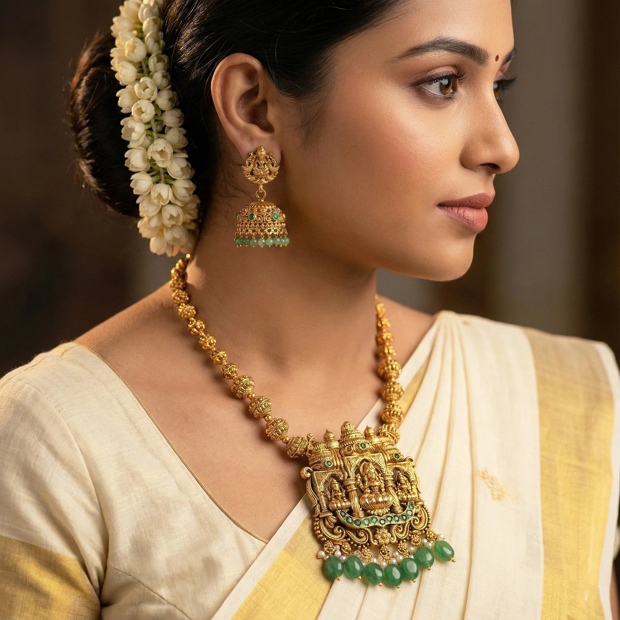 Woman wearing traditional jewelry with a blurred background