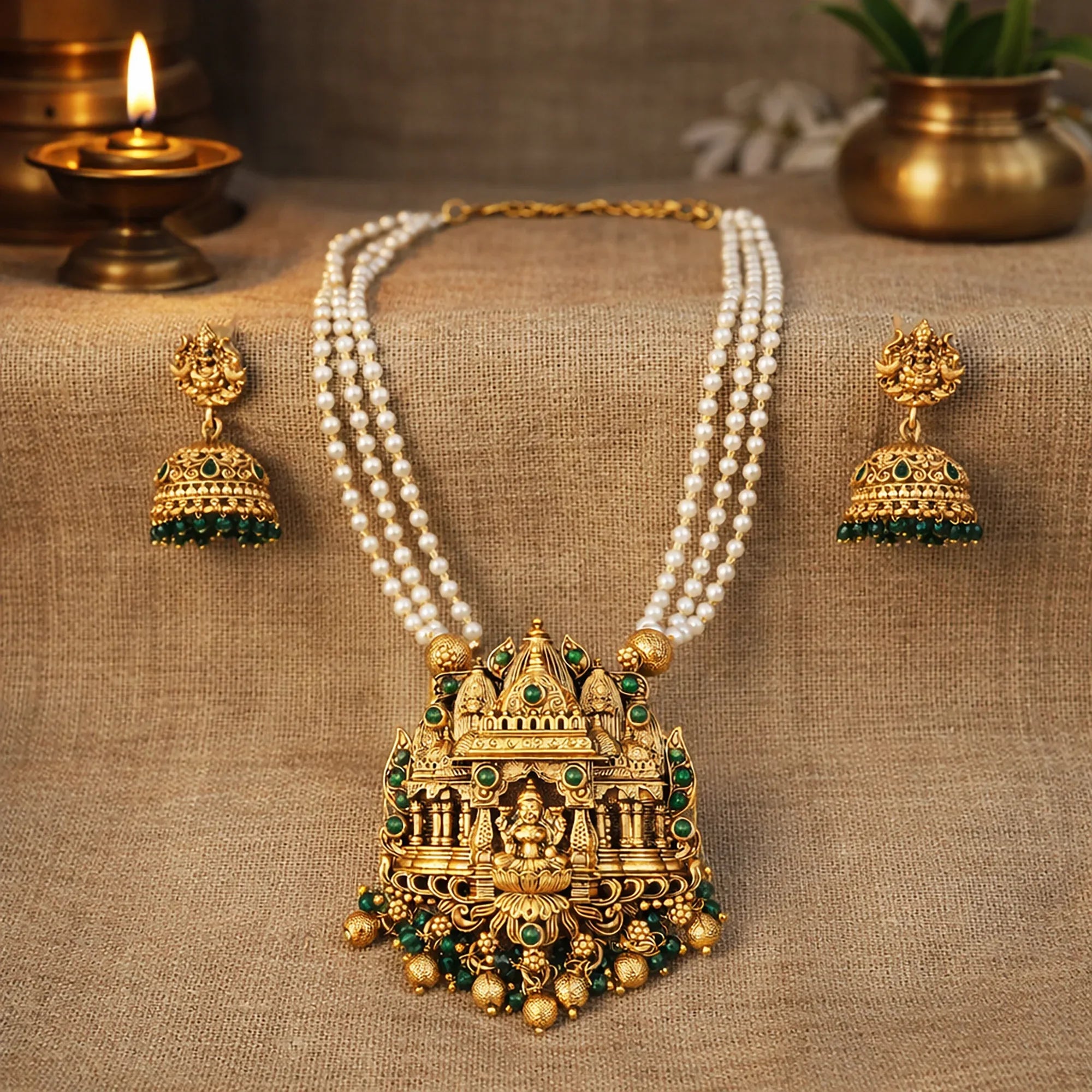 Gold necklace with green gemstones and matching earrings on a brown fabric background