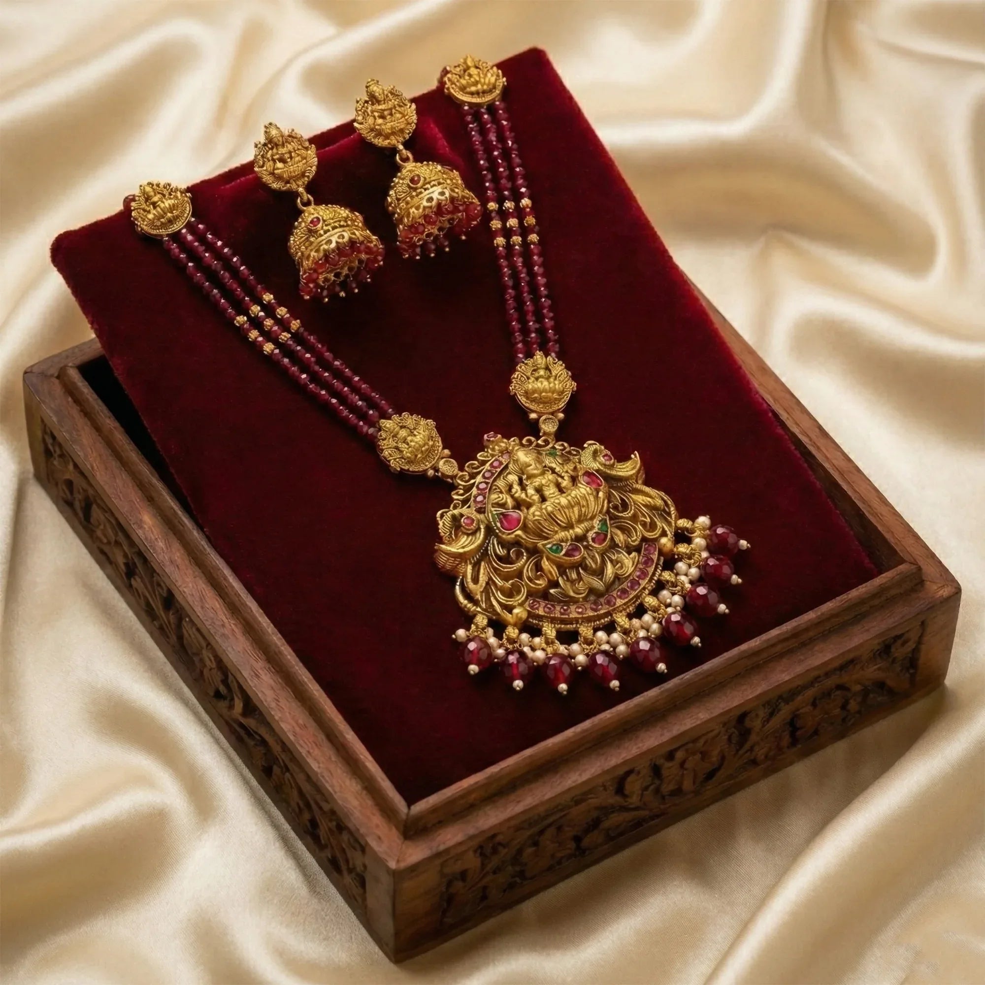 Gold necklace with red stones and matching earrings on a red velvet cushion, set against a beige fabric background.