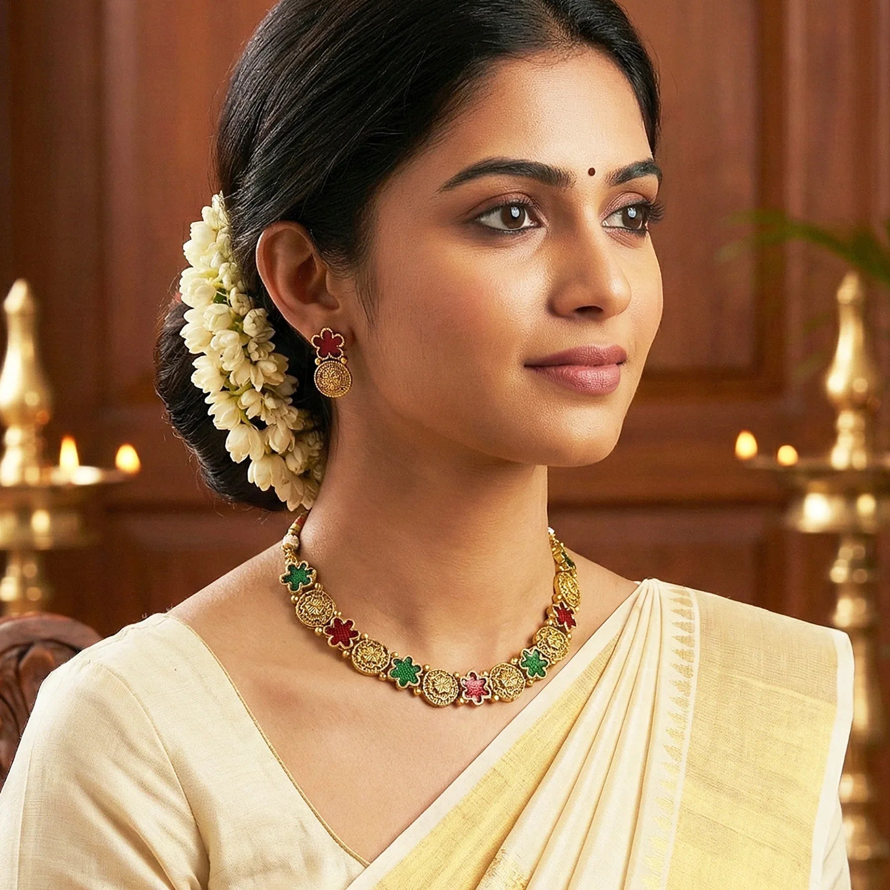 Woman wearing traditional jewelry with a decorative background