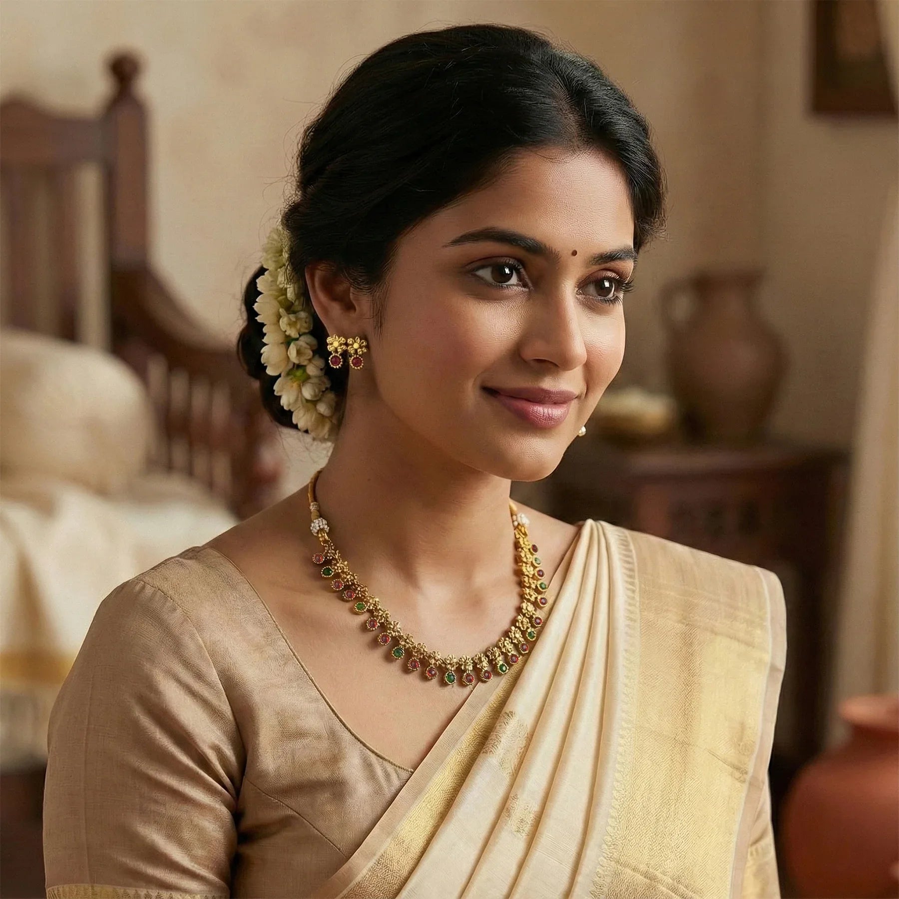 Woman wearing a beige saree with gold jewelry in an indoor setting