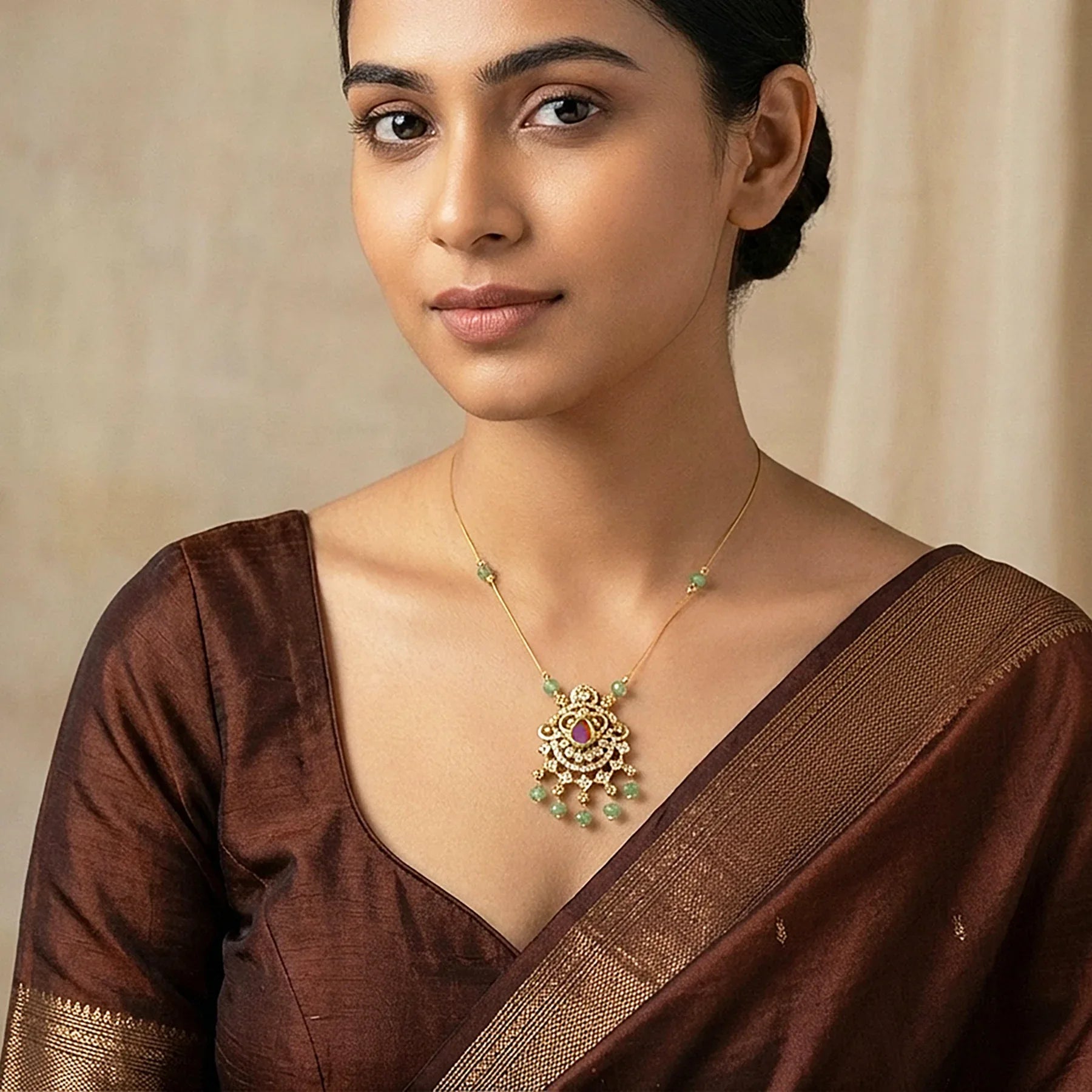 Woman wearing a brown saree with a decorative necklace against a beige background