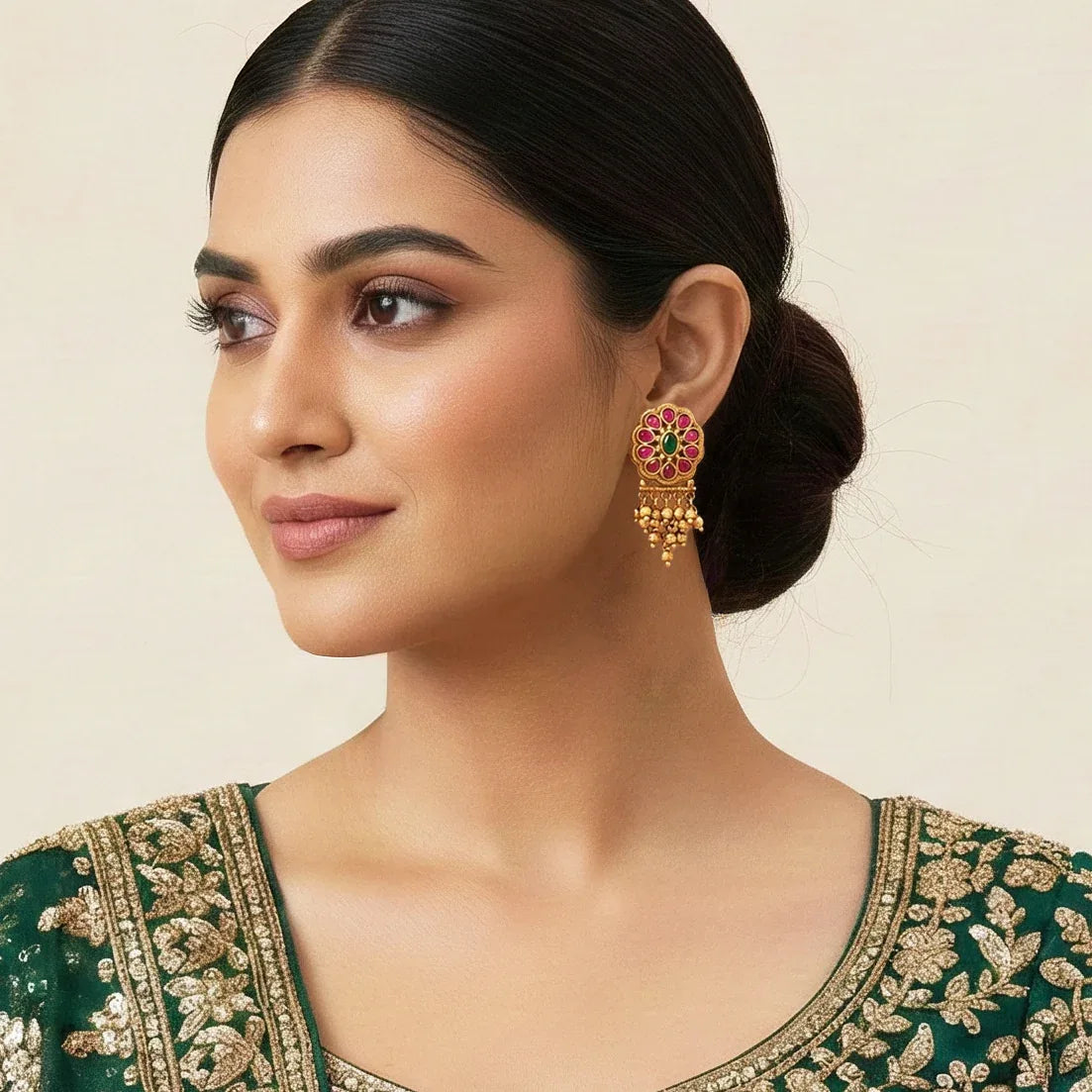 Woman wearing gold earrings with a green and gold embroidered outfit on a beige background