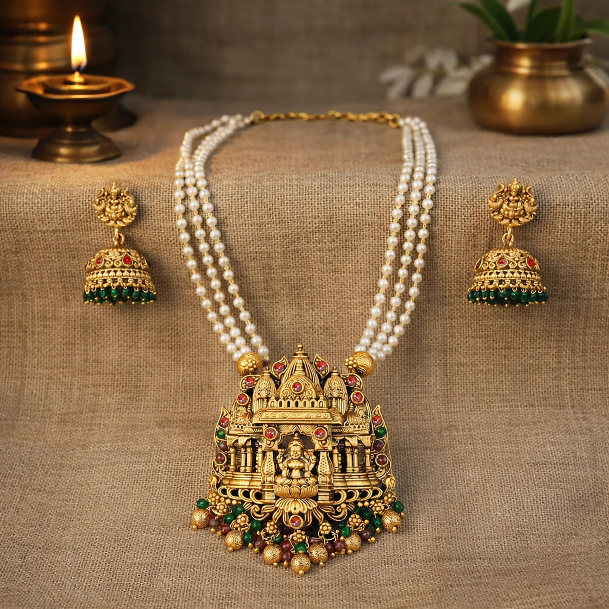 Gold necklace with intricate design and pearl strands on a textured surface
