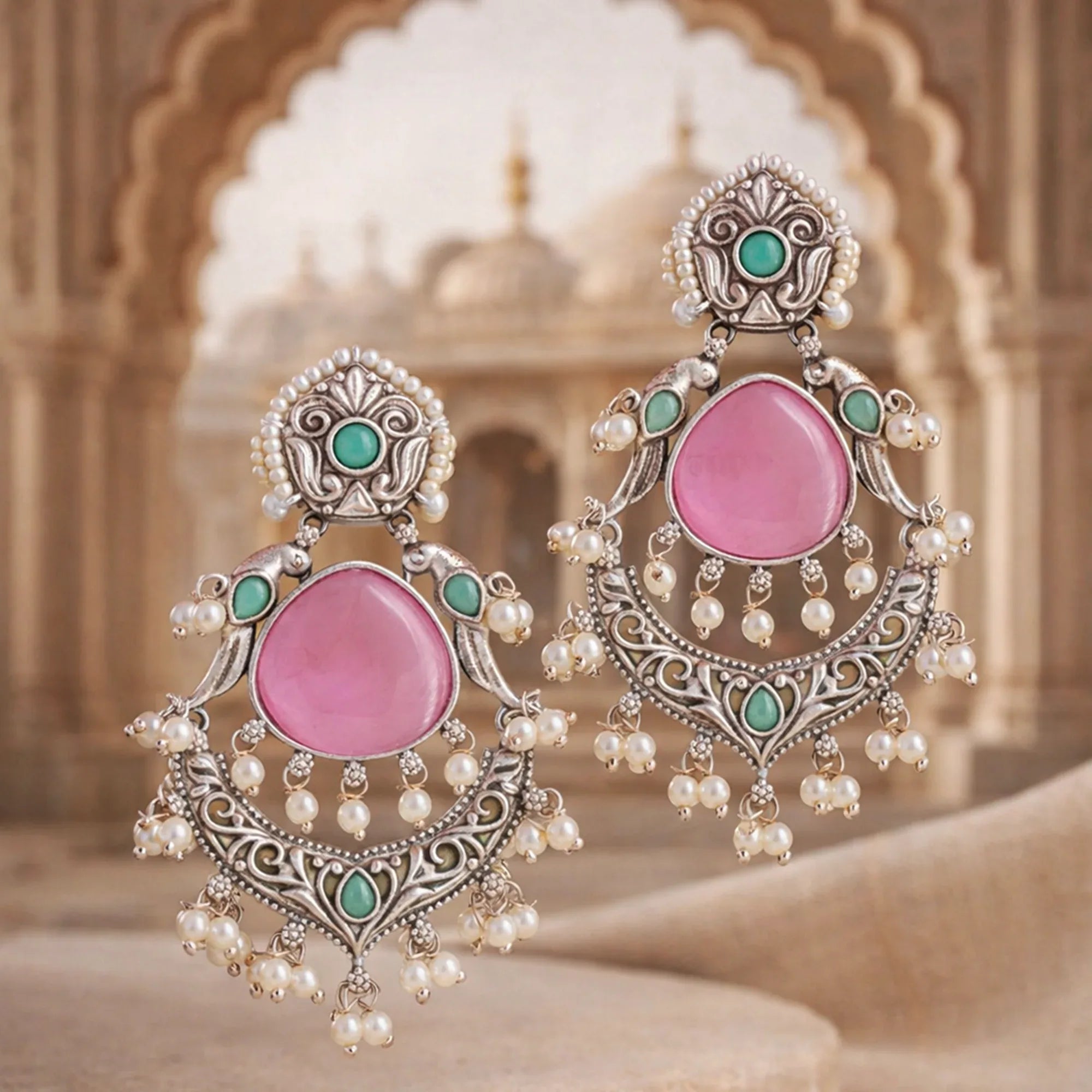 Ornate earrings with pink stones and pearl-like elements against a blurred architectural background