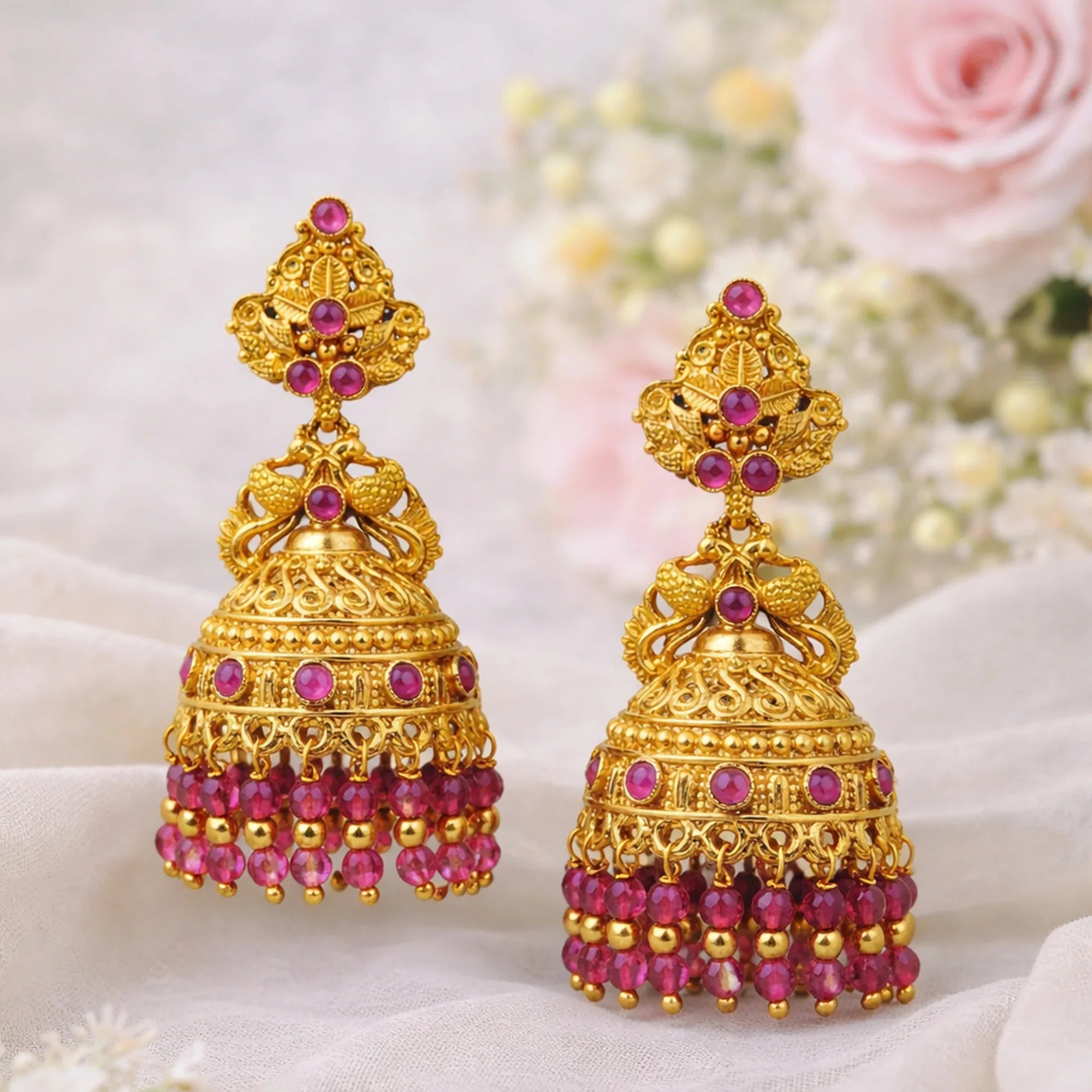 Gold and pink beaded earrings on a soft white background with blurred flowers.