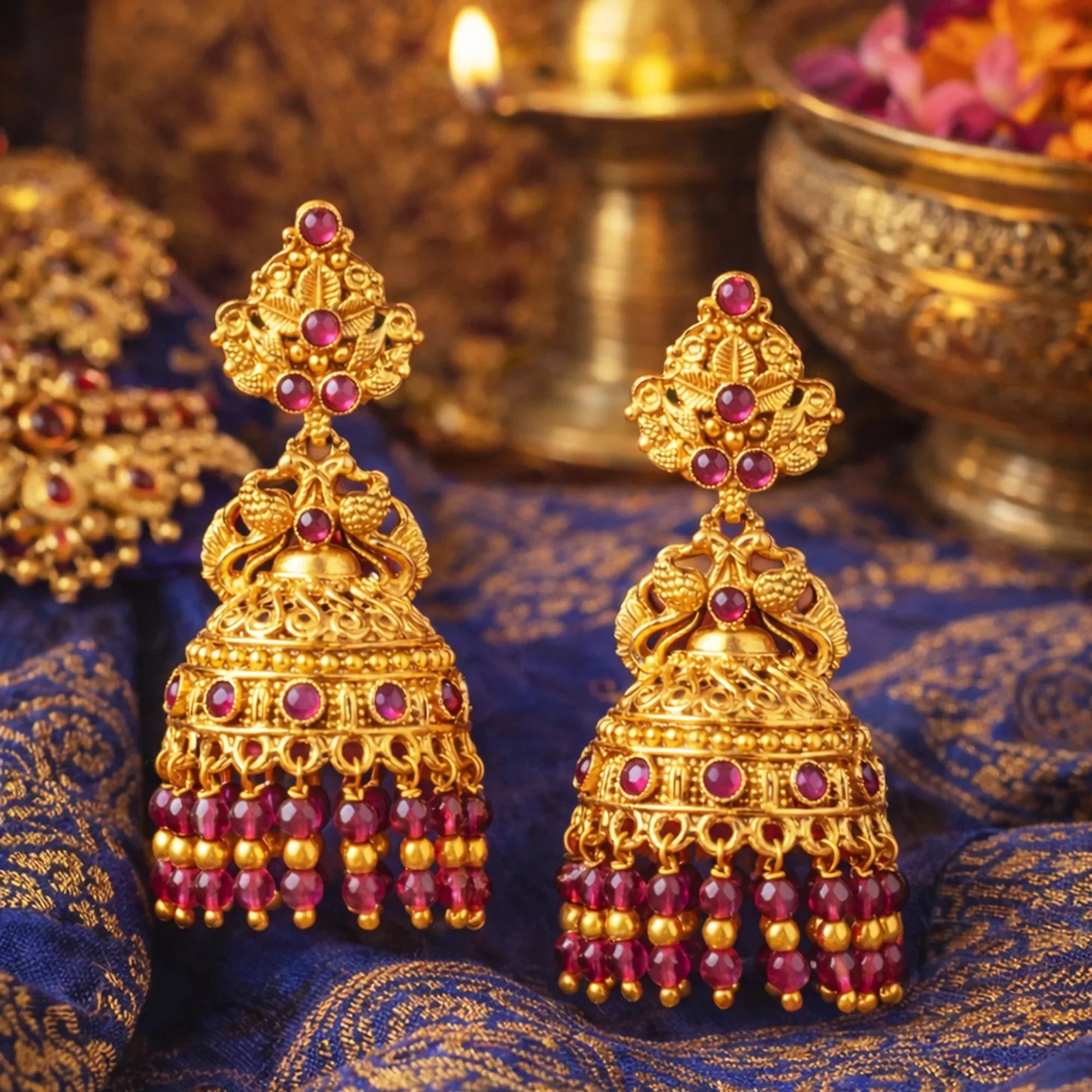 Ornate gold and red earrings on a blue fabric background