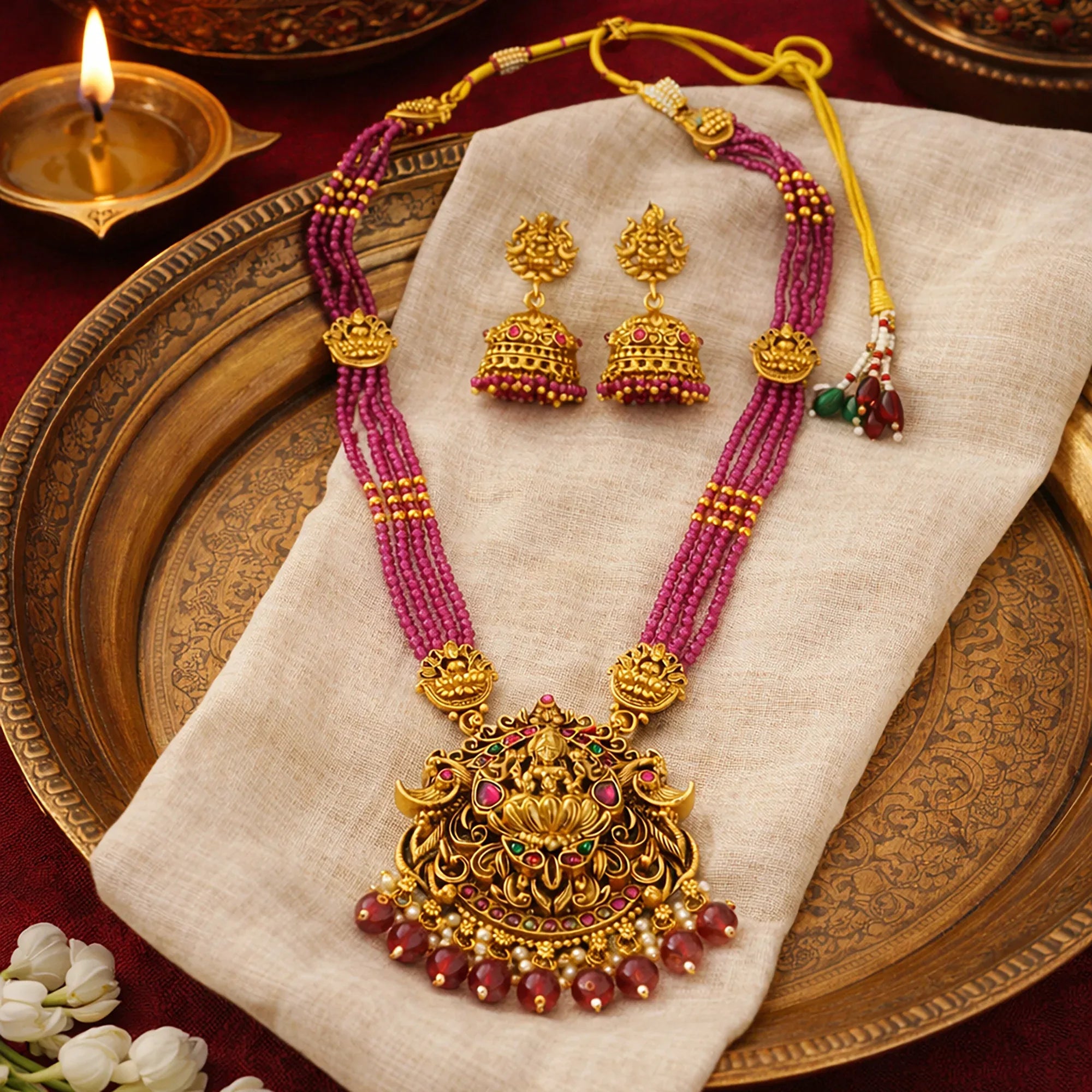 Gold necklace with pink beads and matching earrings on a textured surface with a candle in the background.
