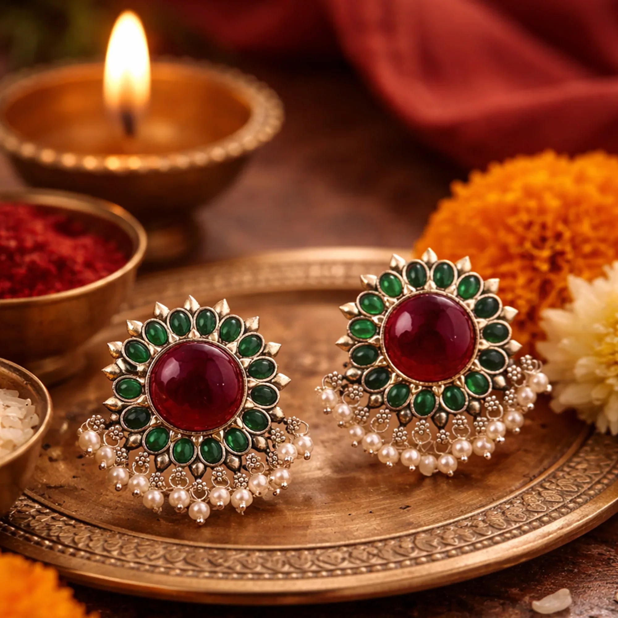 Decorative earrings with red and green stones on a metallic tray with Diwali decorations.