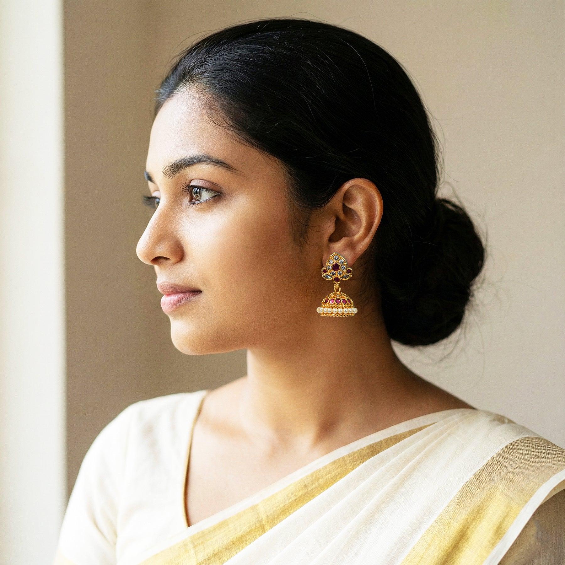 Abhinaya Kemp Pearl Jhumki Earrings (Red/Multi) - Zaarva