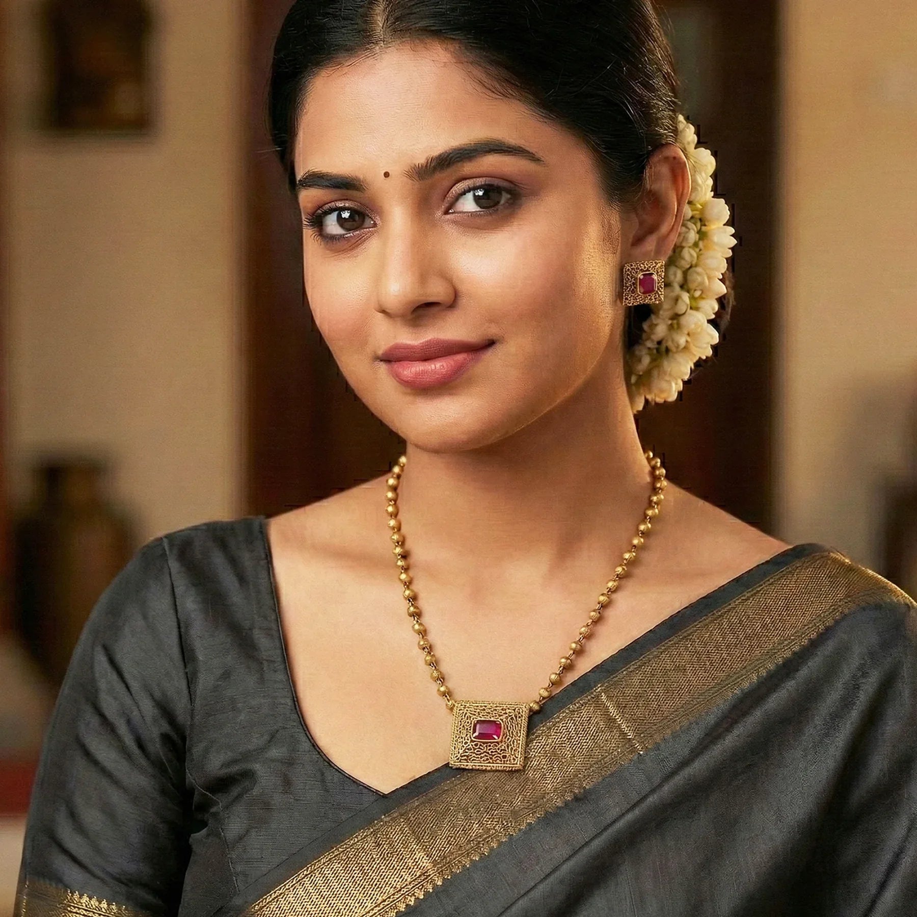 Antique Chettinad Lattice Pendant Necklace & Earring Set (Red/Green) - Zaarva