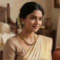 Woman in traditional attire with jewelry in a warm-toned room
