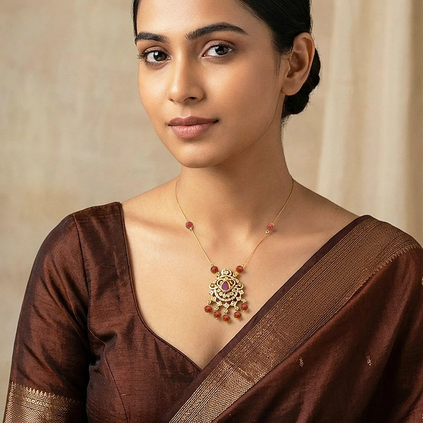Woman wearing a brown saree with a gold necklace against a beige background