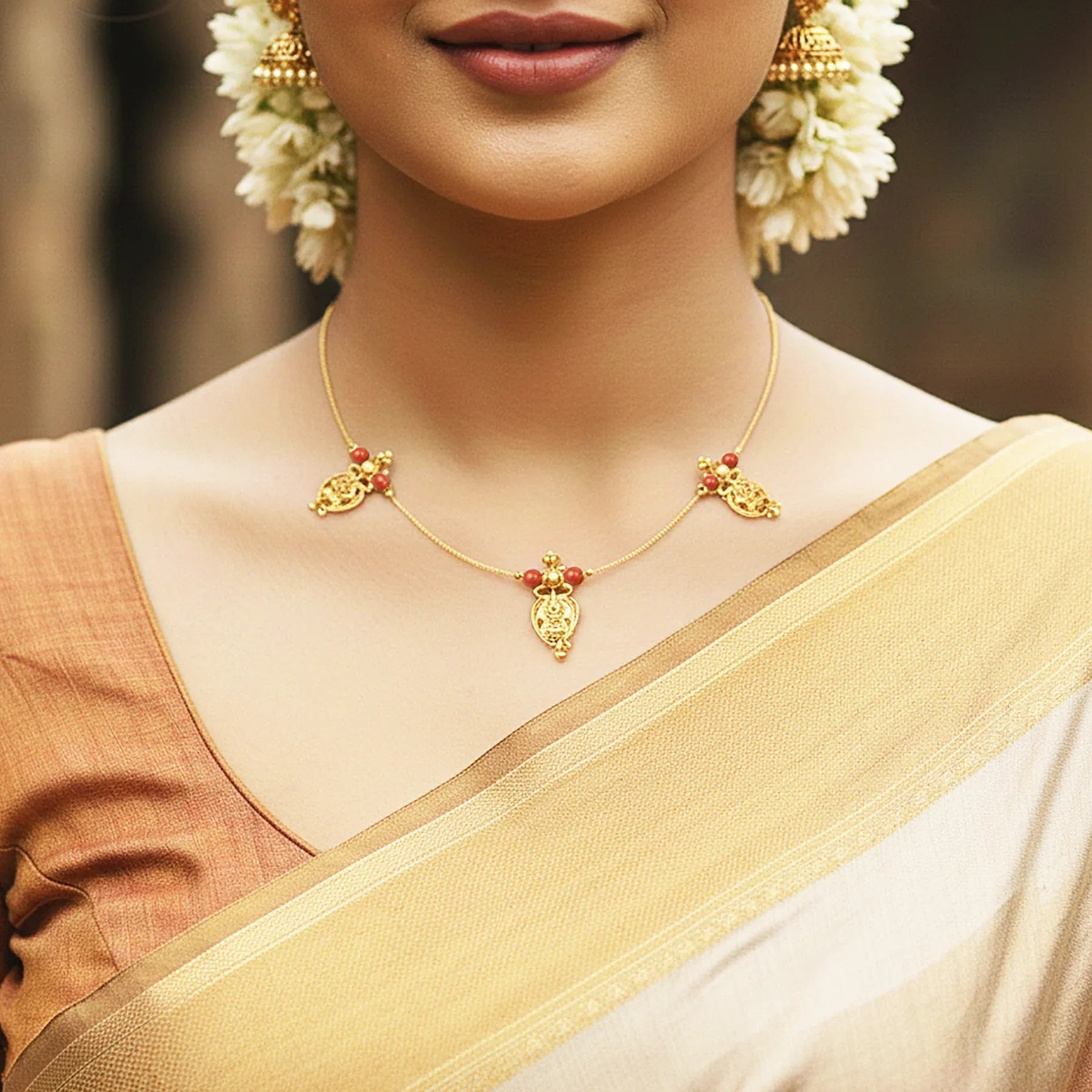 Woman wearing gold jewelry with a blurred background