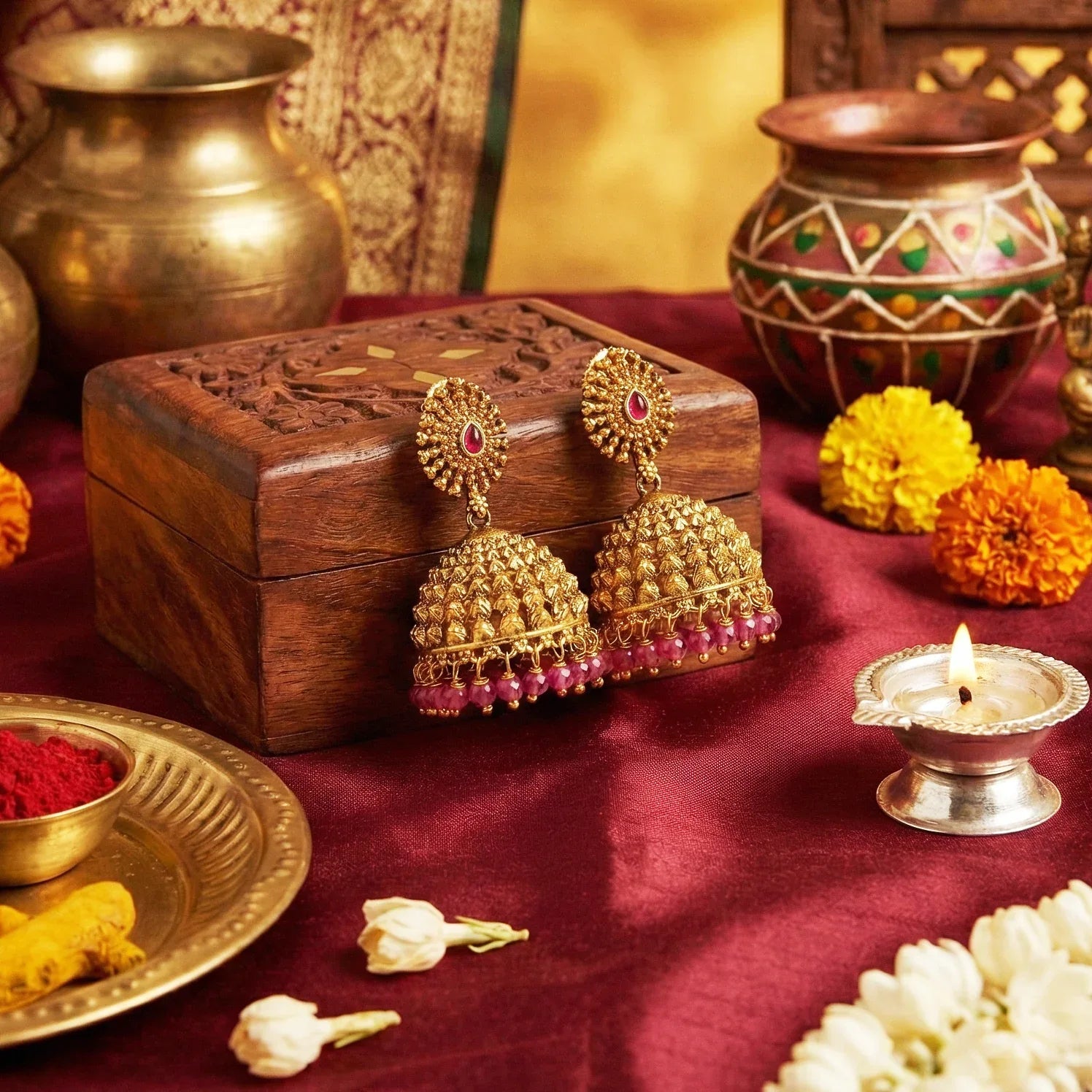 Gold earrings with pink beads on a wooden box with decorative pots and flowers in the background.
