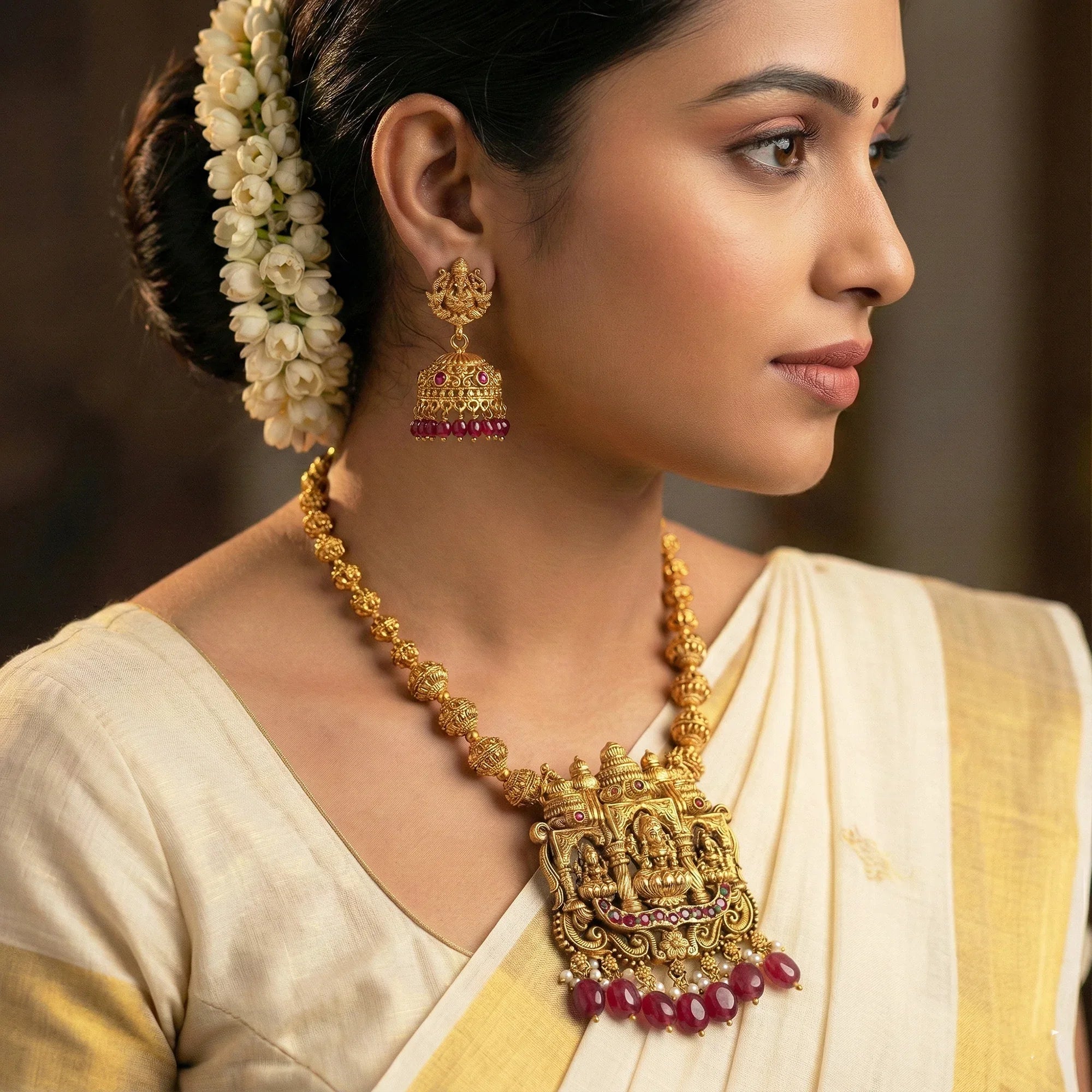Woman wearing traditional gold jewelry with a blurred background