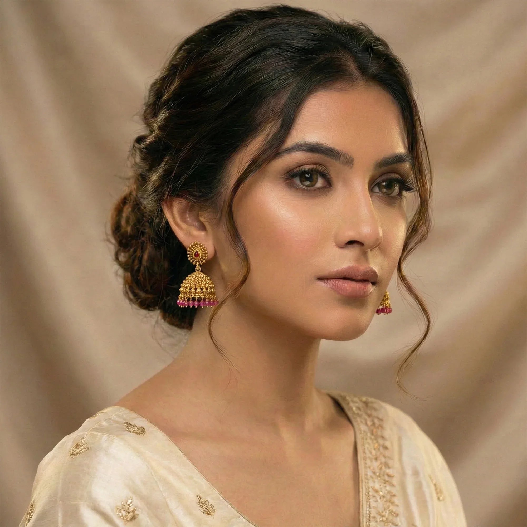 Woman wearing gold earrings with a beige background