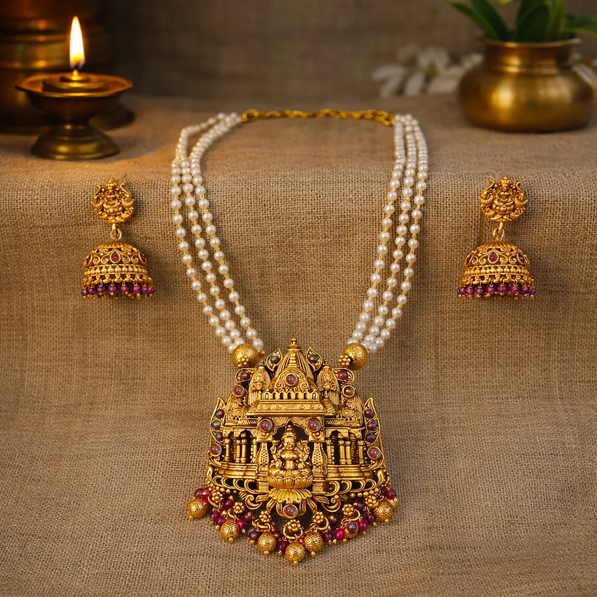 Gold necklace with intricate design and pearl strands, accompanied by matching earrings on a textured surface.